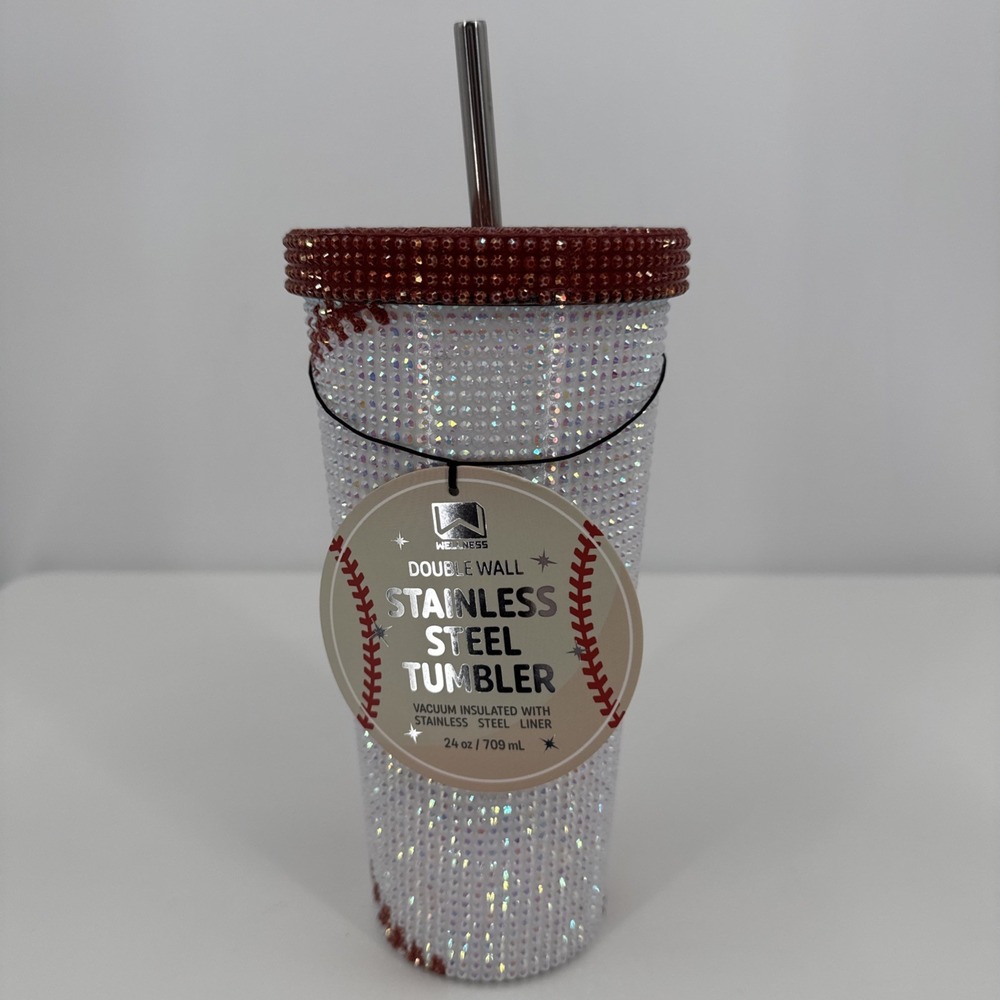 24 OZ/709 ML WELLNESS‎ DOUBLE WALL STAINLESS STEEL Baseball TUMBLER RHINESTONE